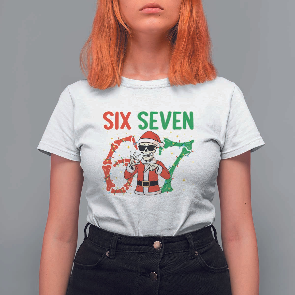 Funny Santa Skeleton Says Six Seven T Shirt For Women Christmas Meme Gift - Wonder Print Shop