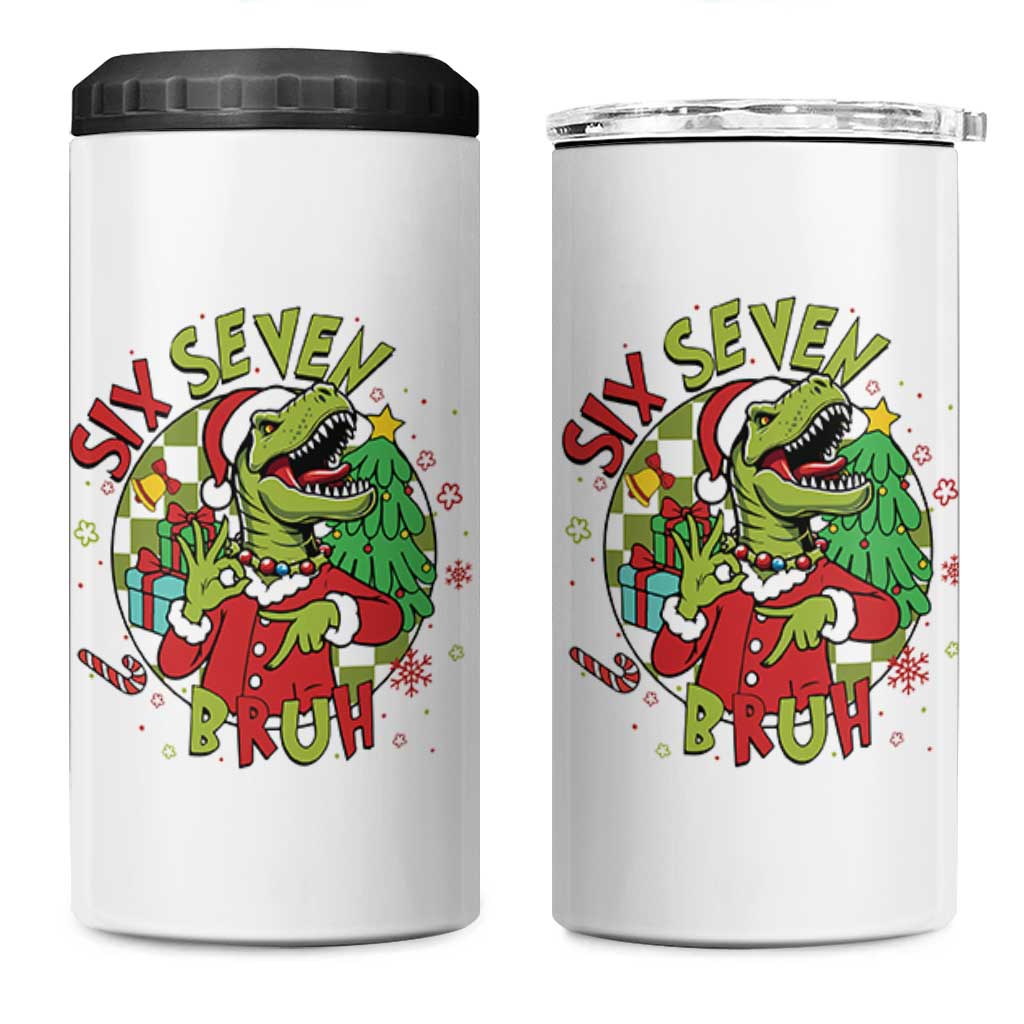 Funny Christmas Dinosaur Lover Gift 4 in 1 Can Cooler Tumbler Trending Six Seven Bruh - Wonder Print Shop