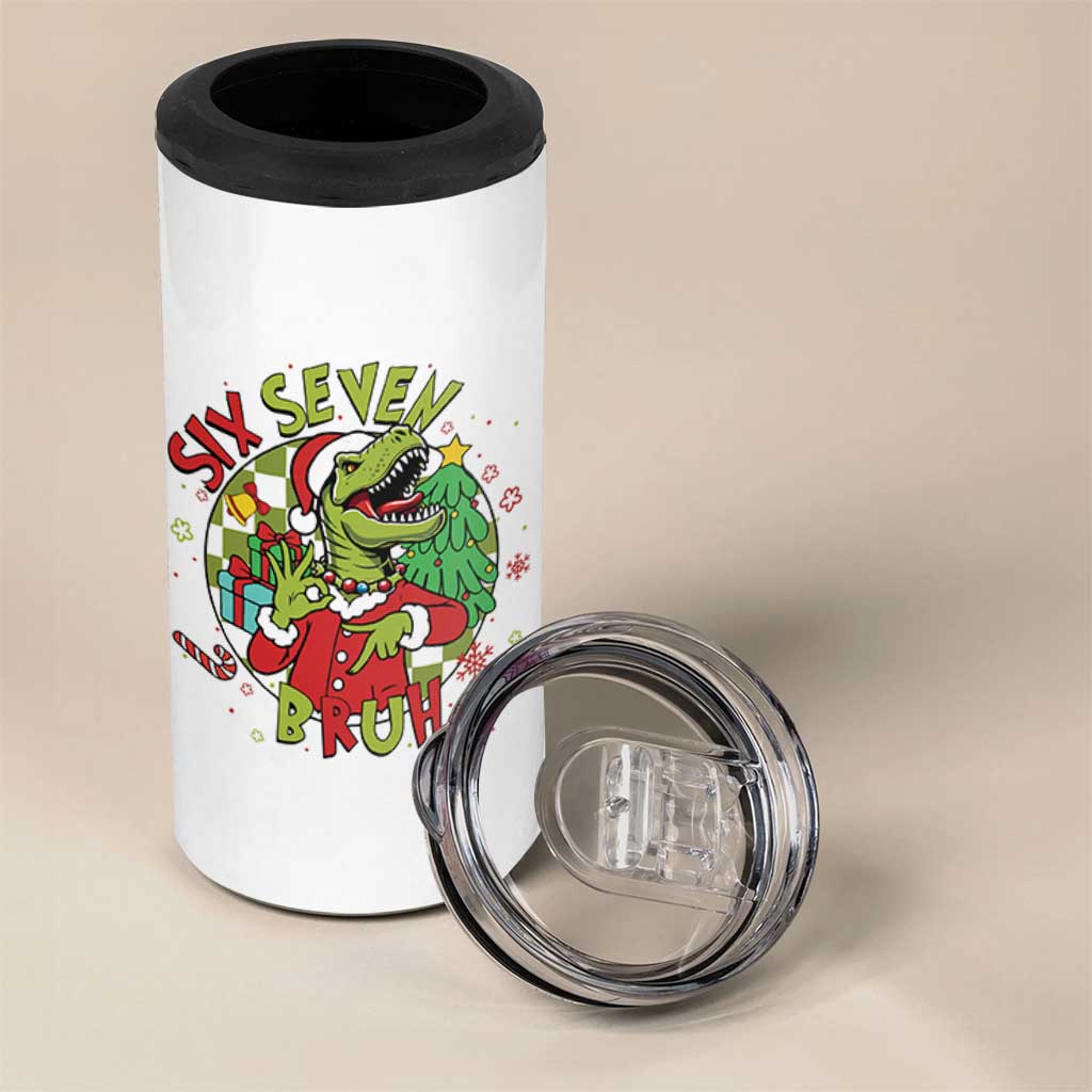 Funny Christmas Dinosaur Lover Gift 4 in 1 Can Cooler Tumbler Trending Six Seven Bruh - Wonder Print Shop