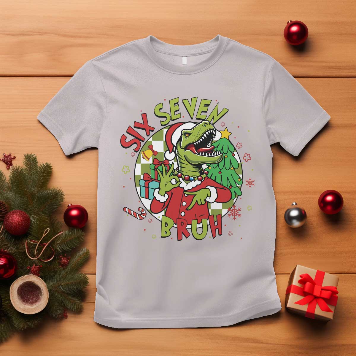Funny Christmas Dinosaur Lover Gift T Shirt Trending Six Seven Bruh - Wonder Print Shop