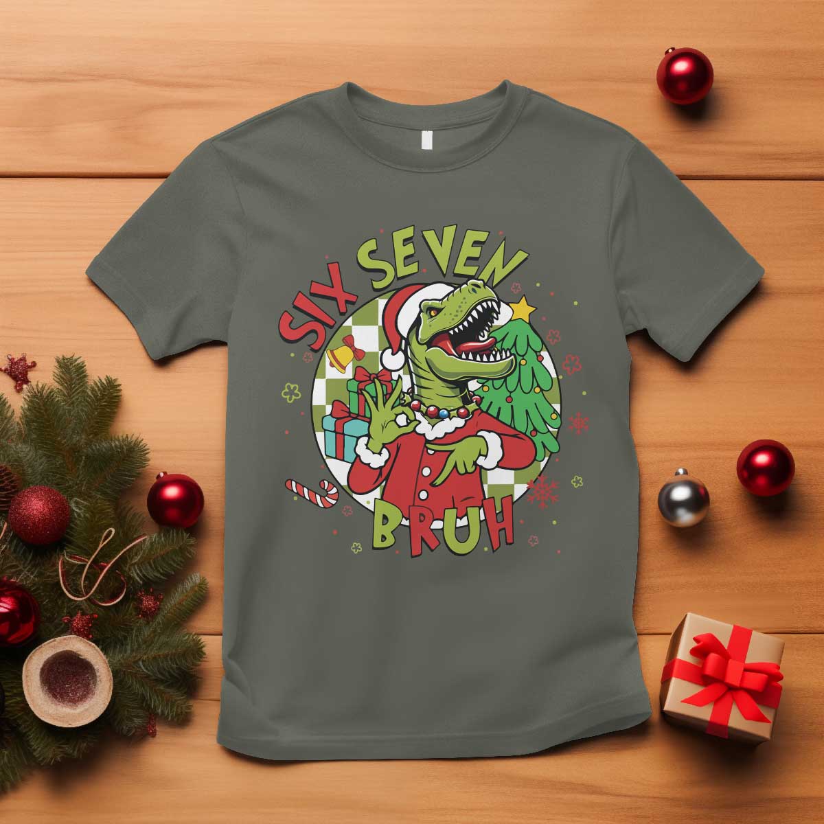 Funny Christmas Dinosaur Lover Gift T Shirt Trending Six Seven Bruh - Wonder Print Shop