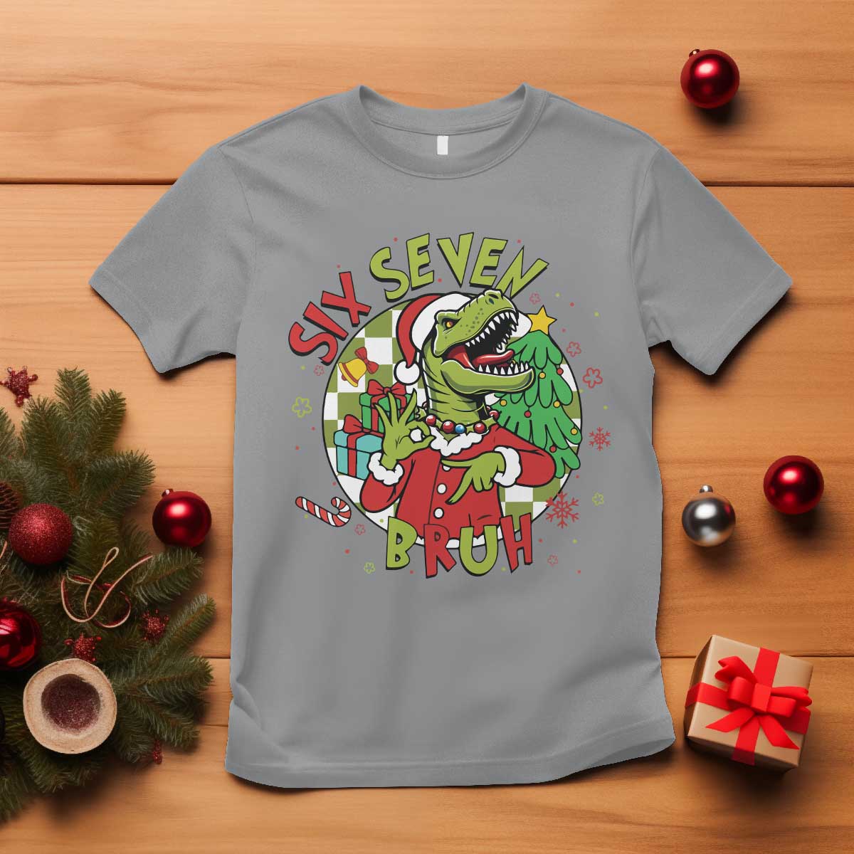Funny Christmas Dinosaur Lover Gift T Shirt Trending Six Seven Bruh - Wonder Print Shop