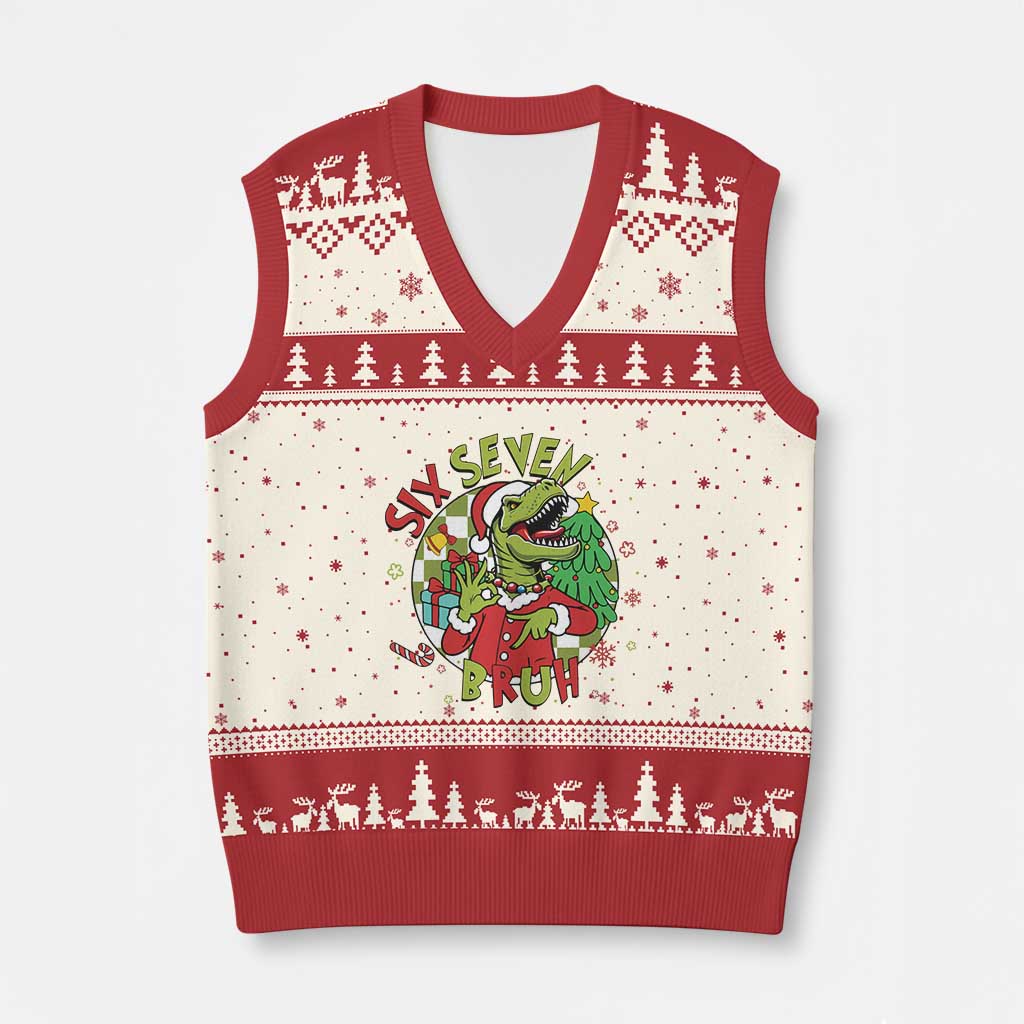 Funny Xmas Dinosaur Lover Gift V-Neck Knit Sweater Vest Trending Six Seven Bruh - Wonder Print Shop