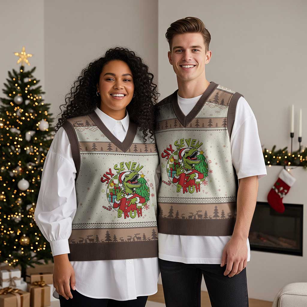 Funny Xmas Dinosaur Lover Gift V-Neck Knit Sweater Vest Trending Six Seven Bruh - Wonder Print Shop
