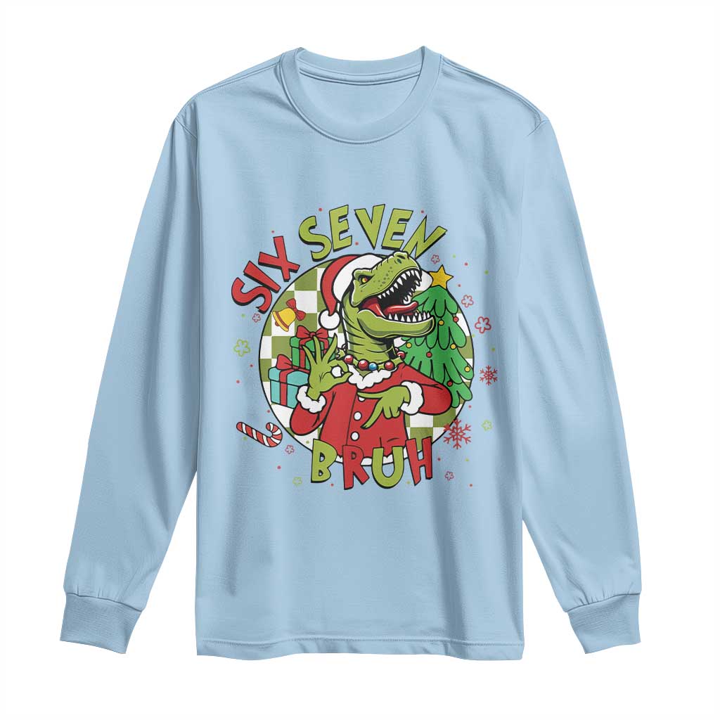 Funny Christmas Dinosaur Lover Gift Long Sleeve Shirt Trending Six Seven Bruh - Wonder Print Shop
