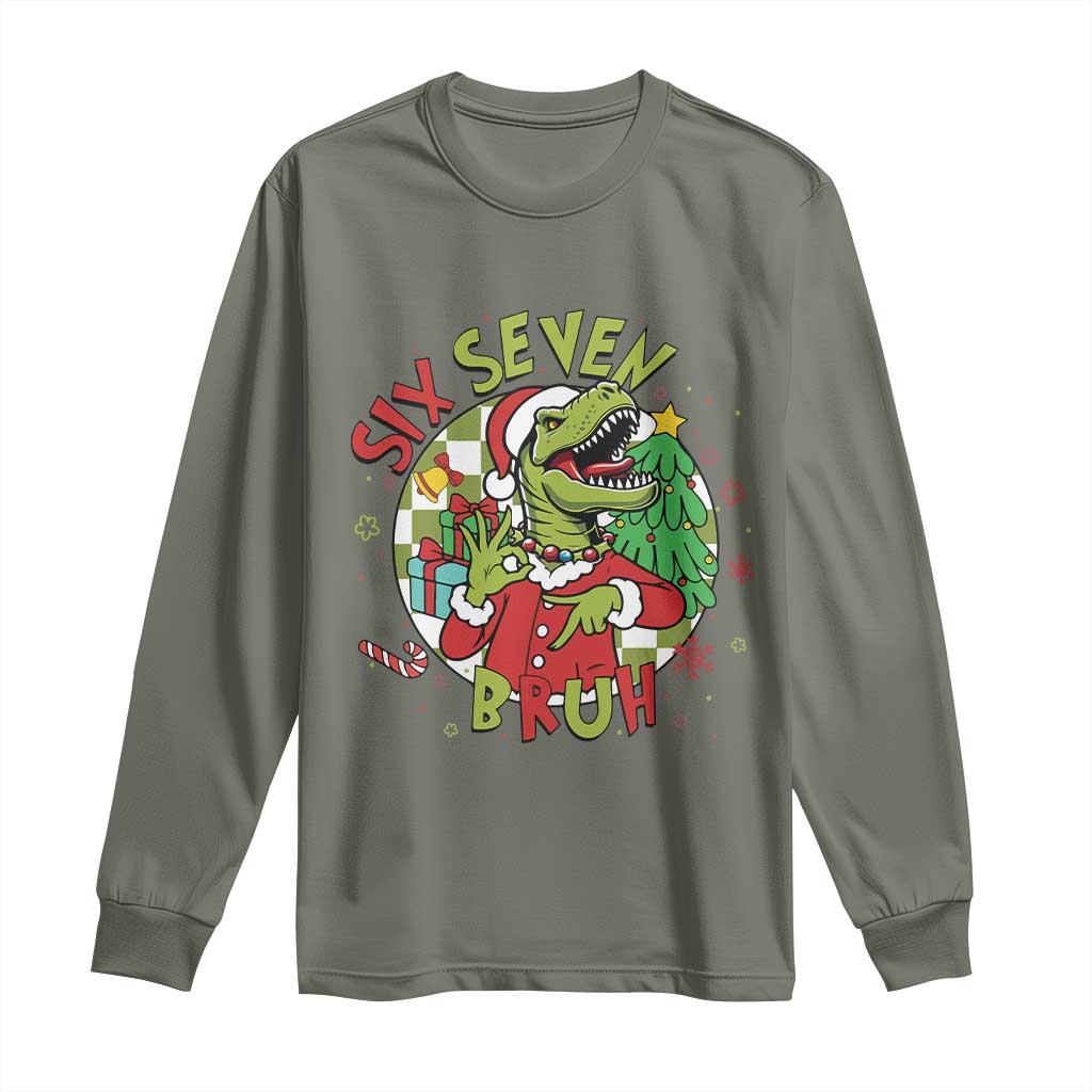 Funny Christmas Dinosaur Lover Gift Long Sleeve Shirt Trending Six Seven Bruh - Wonder Print Shop