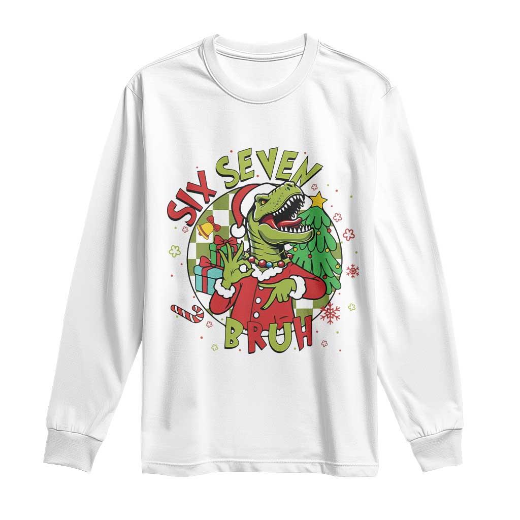 Funny Christmas Dinosaur Lover Gift Long Sleeve Shirt Trending Six Seven Bruh - Wonder Print Shop