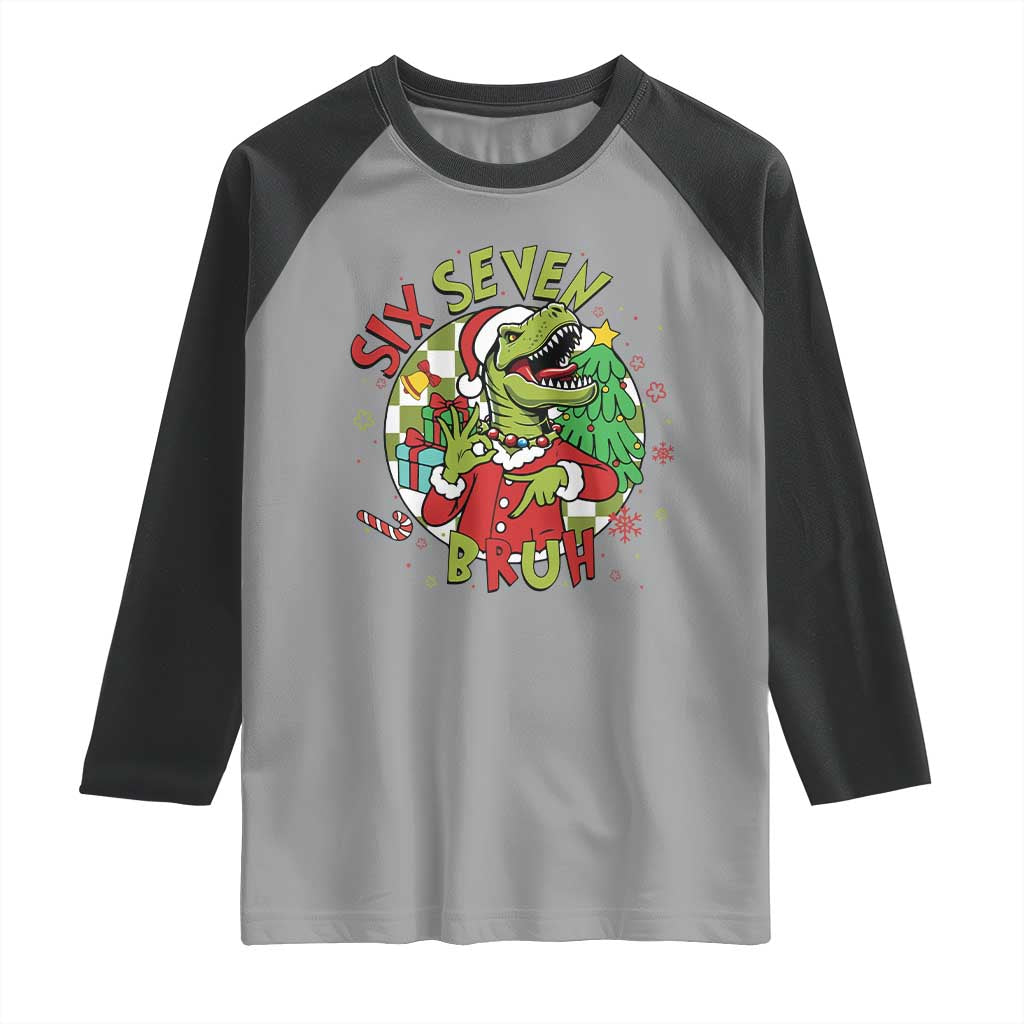 Funny Christmas Dinosaur Lover Gift Raglan Shirt Trending Six Seven Bruh - Wonder Print Shop