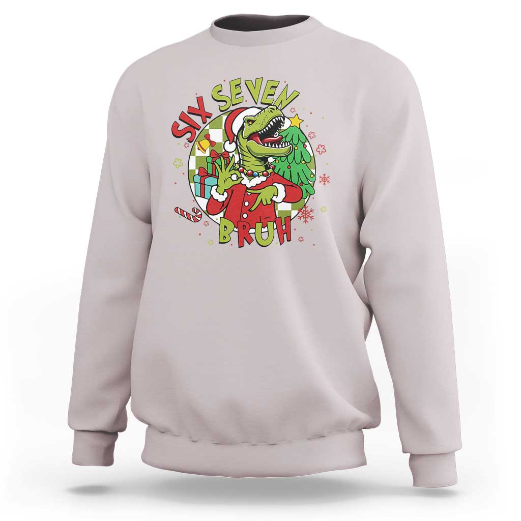 Funny Christmas Dinosaur Lover Gift Sweatshirt Trending Six Seven Bruh - Wonder Print Shop