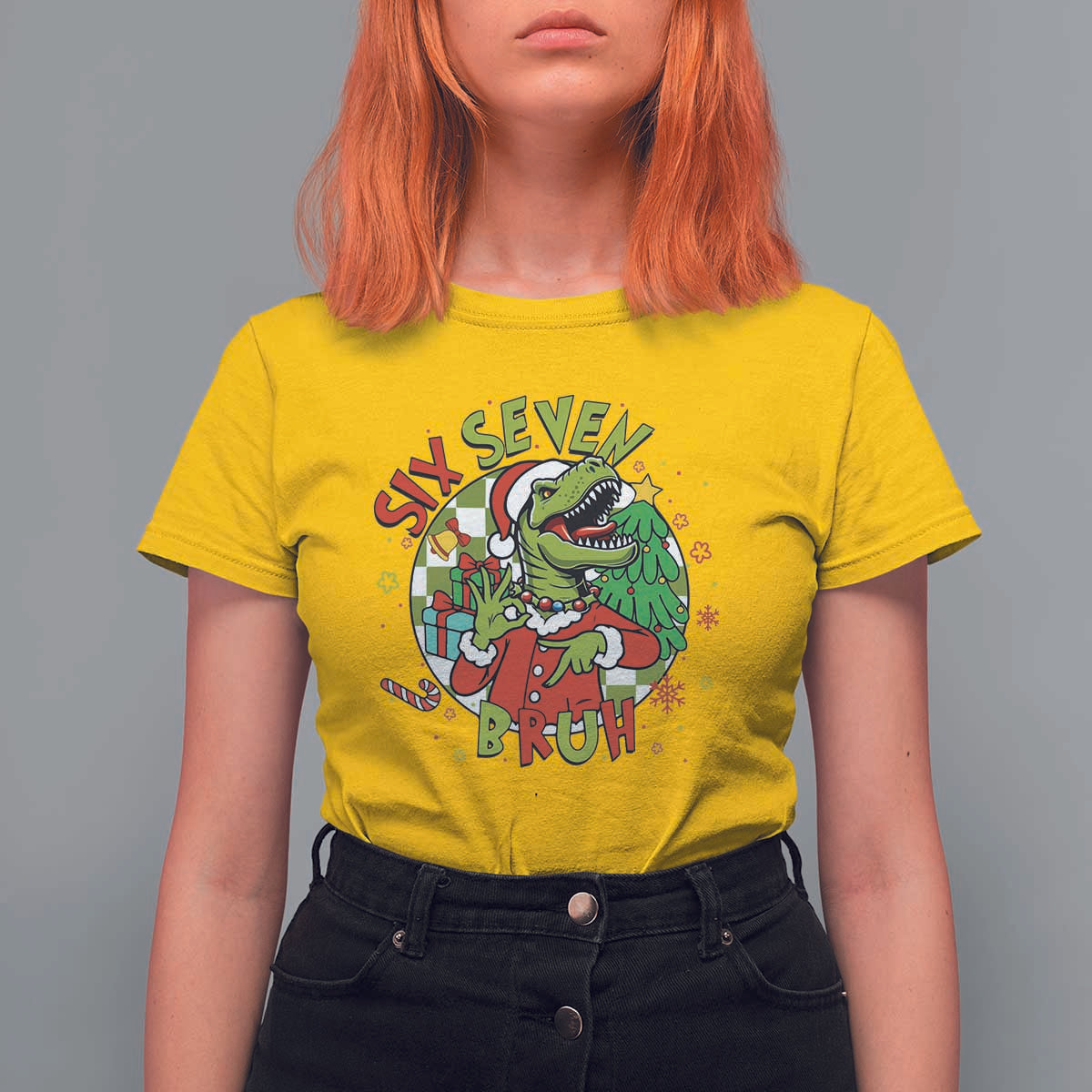Funny Christmas Dinosaur Lover Gift T Shirt For Women Trending Six Seven Bruh - Wonder Print Shop
