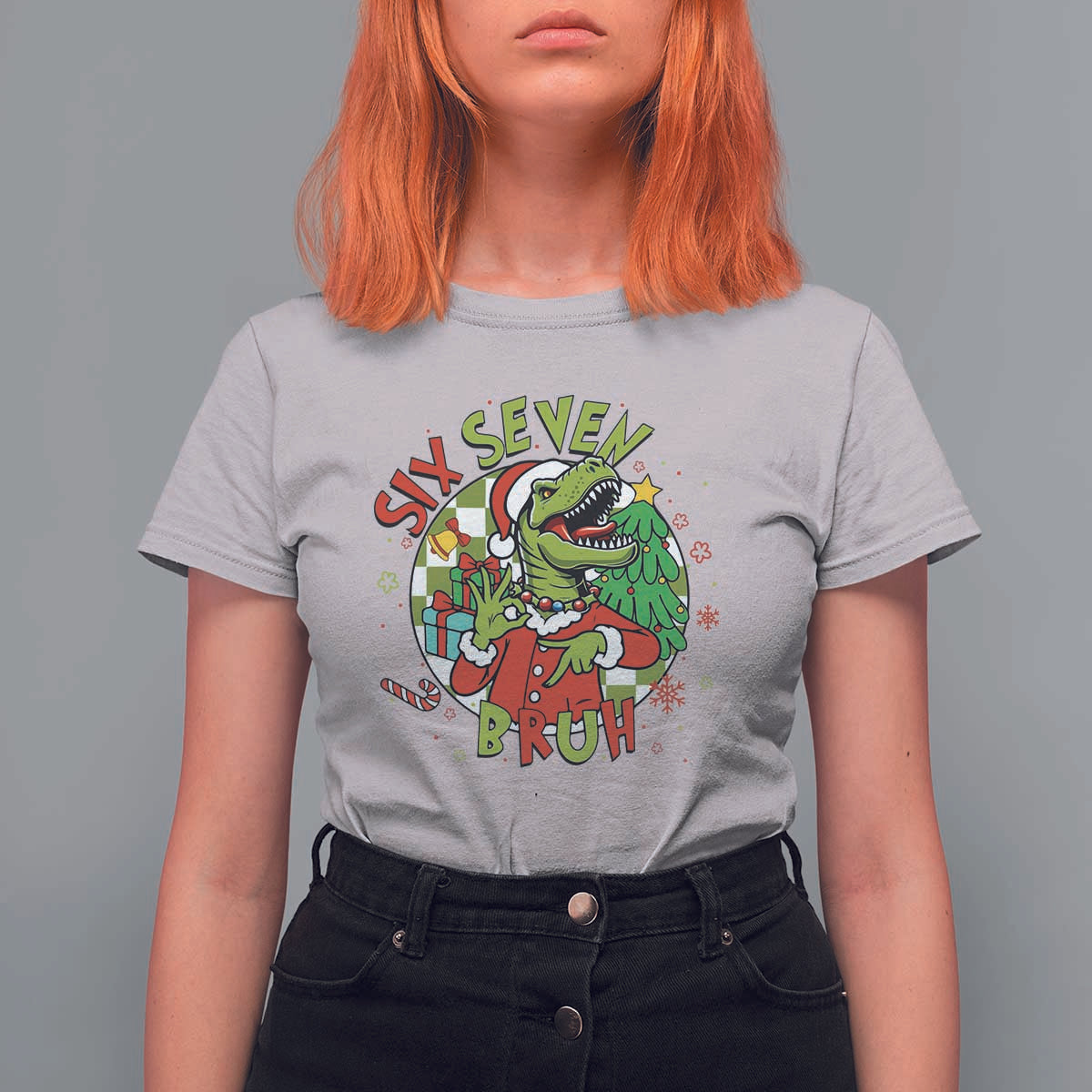 Funny Christmas Dinosaur Lover Gift T Shirt For Women Trending Six Seven Bruh - Wonder Print Shop