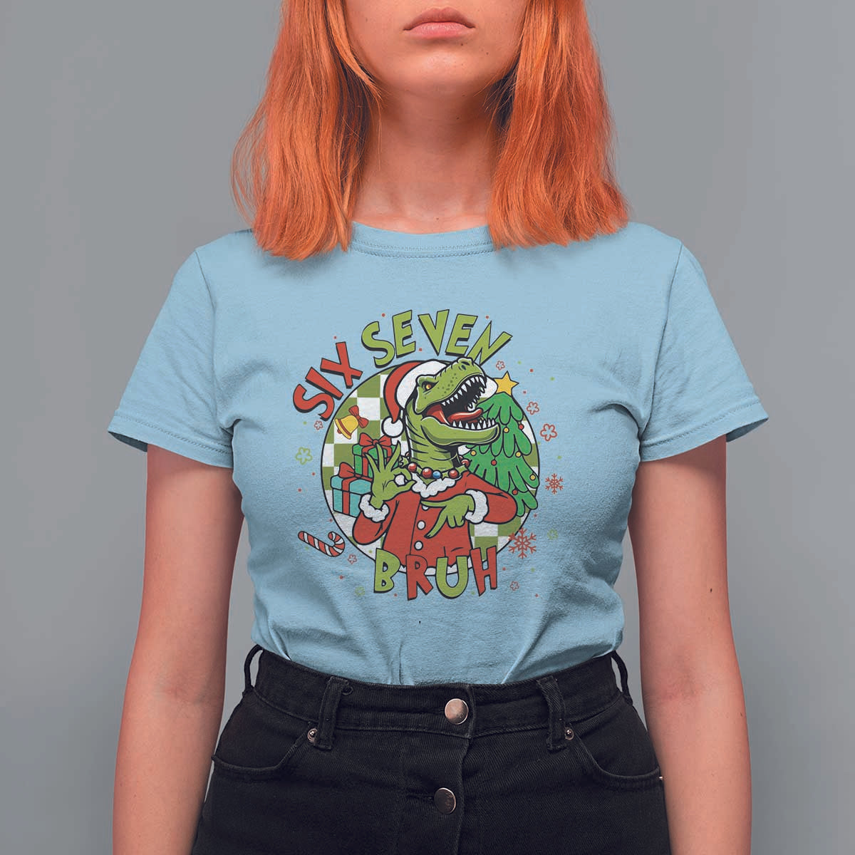 Funny Christmas Dinosaur Lover Gift T Shirt For Women Trending Six Seven Bruh - Wonder Print Shop