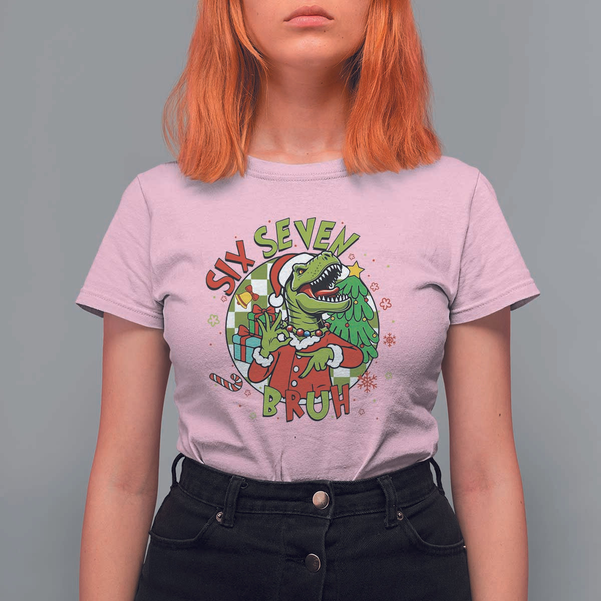 Funny Christmas Dinosaur Lover Gift T Shirt For Women Trending Six Seven Bruh - Wonder Print Shop