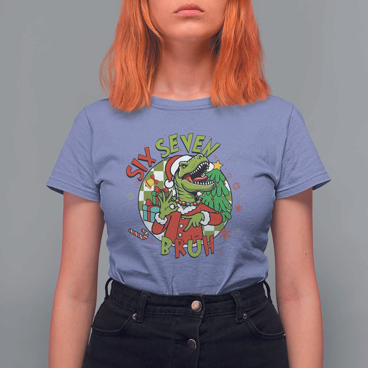 Funny Christmas Dinosaur Lover Gift T Shirt For Women Trending Six Seven Bruh - Wonder Print Shop