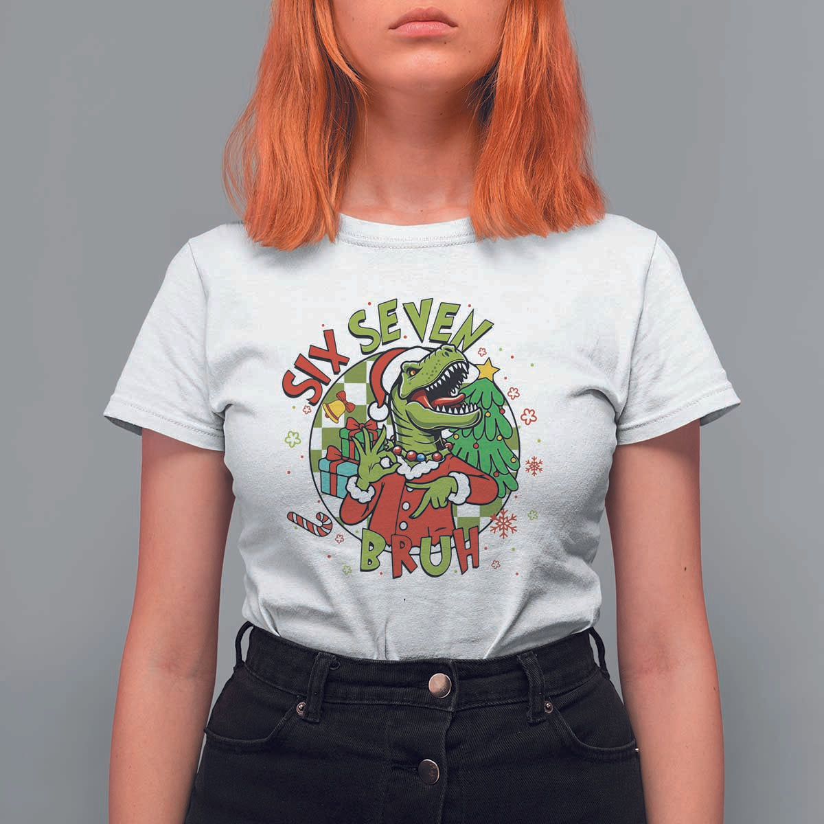 Funny Christmas Dinosaur Lover Gift T Shirt For Women Trending Six Seven Bruh - Wonder Print Shop