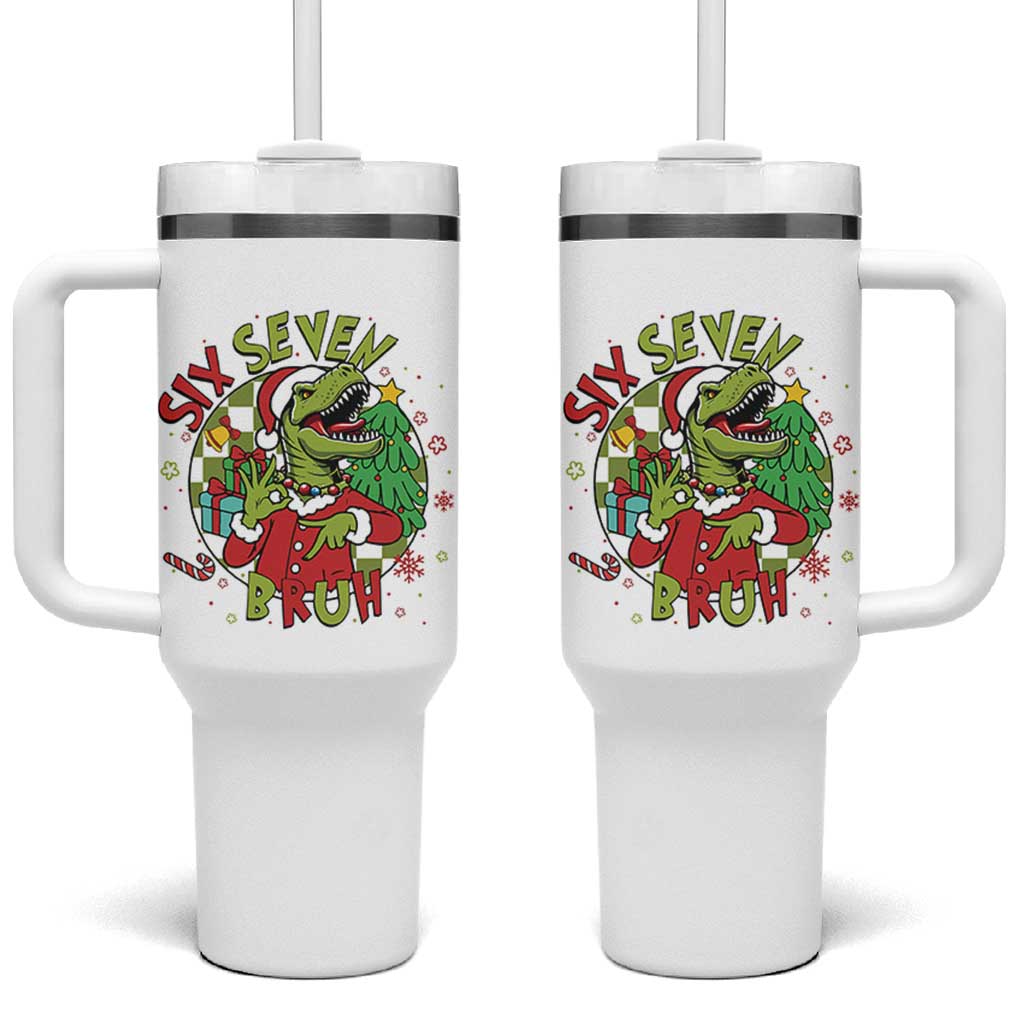 Funny Christmas Dinosaur Lover Gift Tumbler With Handle Trending Six Seven Bruh - Wonder Print Shop