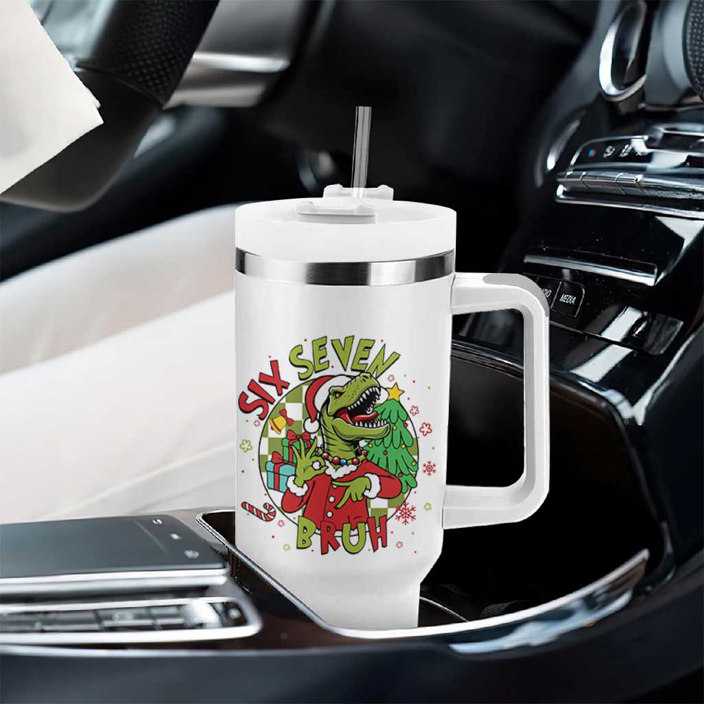 Funny Christmas Dinosaur Lover Gift Tumbler With Handle Trending Six Seven Bruh - Wonder Print Shop