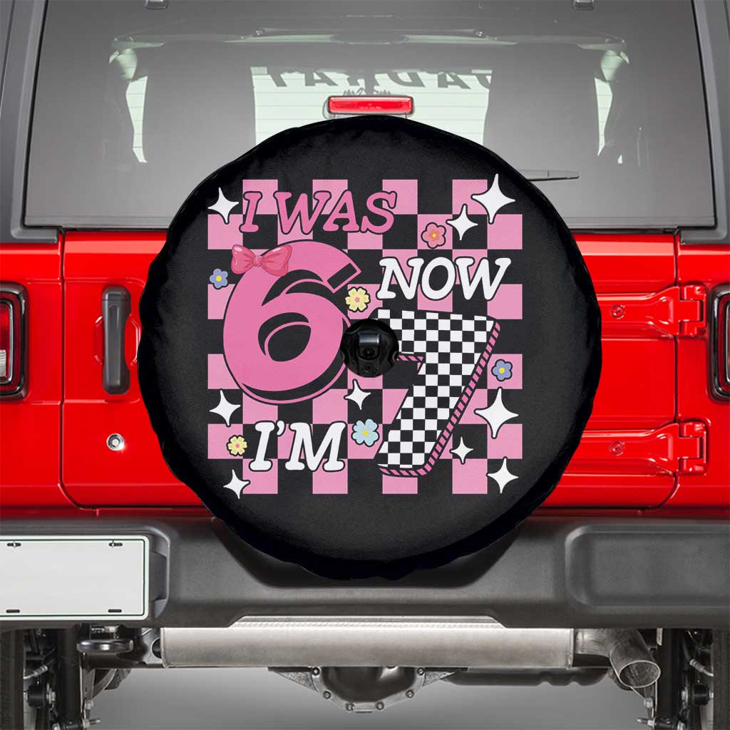 Pink Checkered I Was 6 Now I Am 7 Spare Tire Cover Girl Birthday Gift - Wonder Print Shop