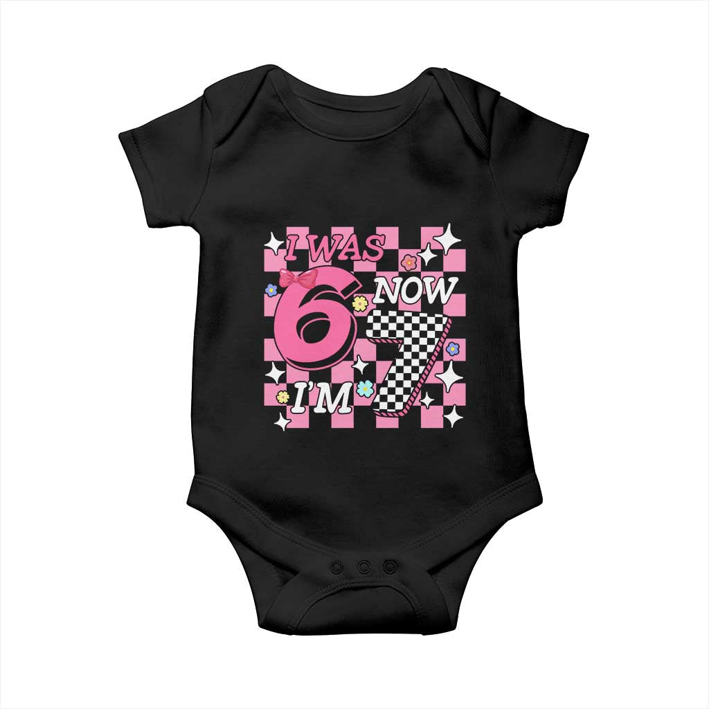 Pink Checkered I Was 6 Now I Am 7 Baby Onesie Girl Birthday Gift - Wonder Print Shop