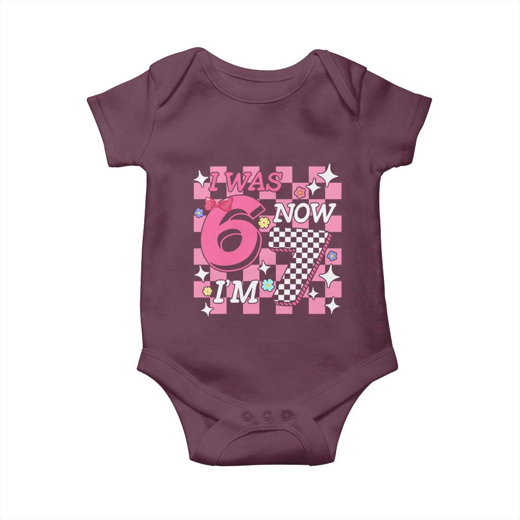Pink Checkered I Was 6 Now I Am 7 Baby Onesie Girl Birthday Gift - Wonder Print Shop
