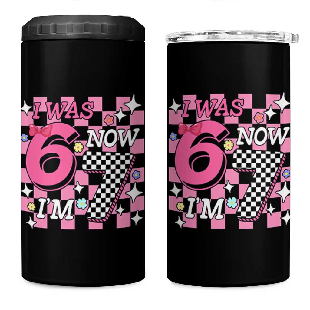 Pink Checkered I Was 6 Now I Am 7 4 in 1 Can Cooler Tumbler Girl Birthday Gift - Wonder Print Shop