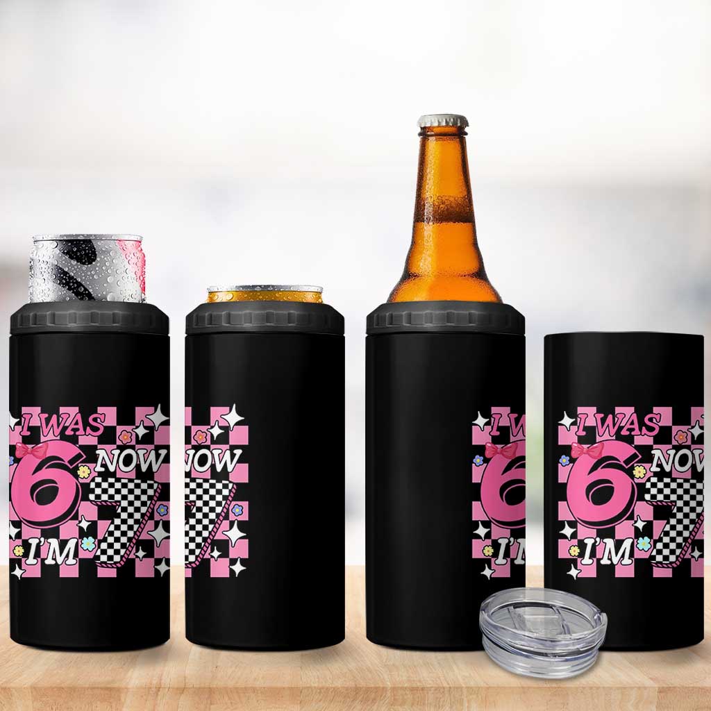 Pink Checkered I Was 6 Now I Am 7 4 in 1 Can Cooler Tumbler Girl Birthday Gift - Wonder Print Shop