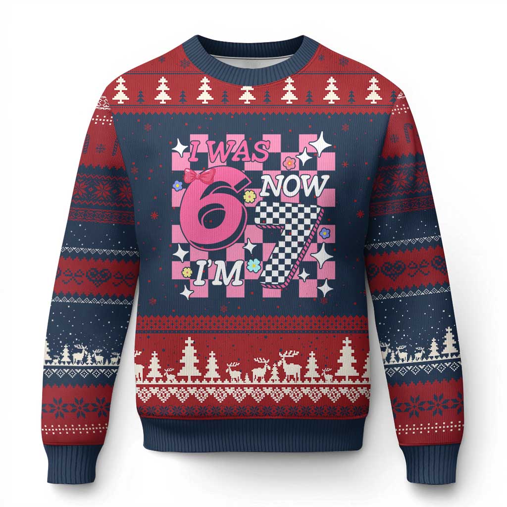 Pink Checkered I Was 6 Now I Am 7 Ugly Christmas Sweater Girl Birthday Gift - Wonder Print Shop