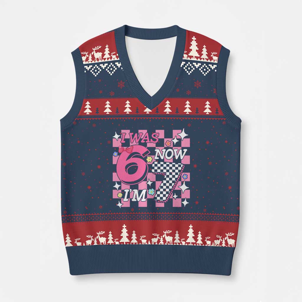 Pink Checkered I Was 6 Now I Am 7 V-Neck Knit Sweater Vest Girl Birthday Gift - Wonder Print Shop