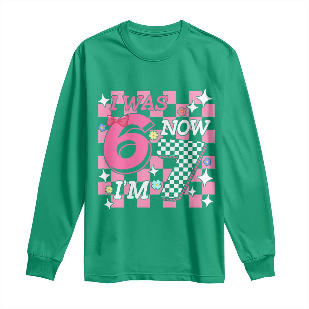 Pink Checkered I Was 6 Now I Am 7 Long Sleeve Shirt Girl Birthday Gift - Wonder Print Shop