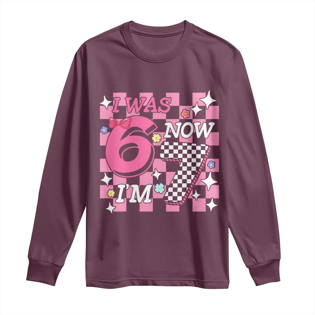 Pink Checkered I Was 6 Now I Am 7 Long Sleeve Shirt Girl Birthday Gift - Wonder Print Shop