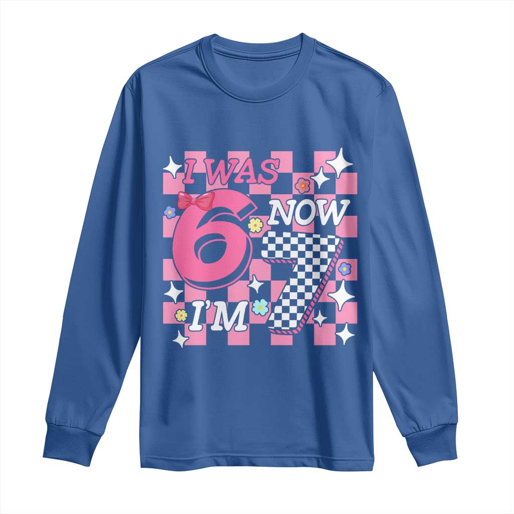 Pink Checkered I Was 6 Now I Am 7 Long Sleeve Shirt Girl Birthday Gift - Wonder Print Shop