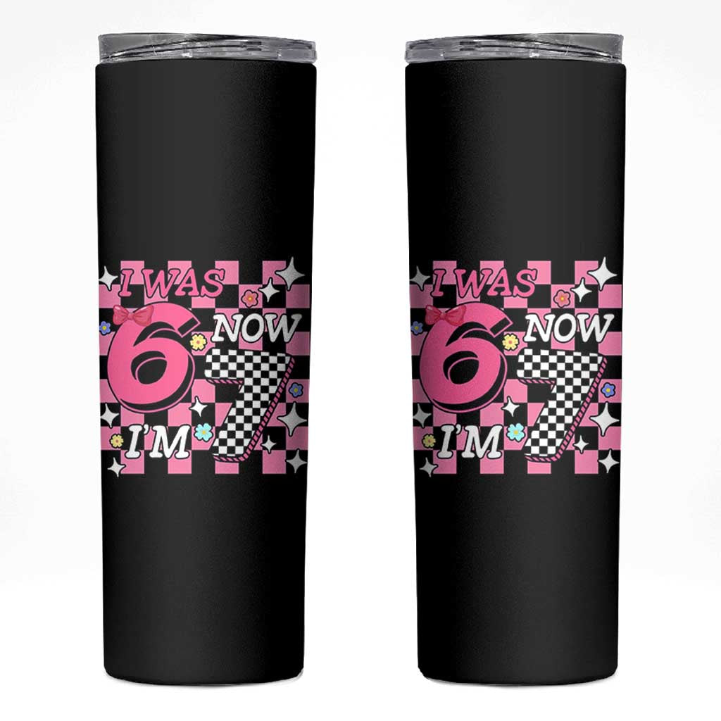 Pink Checkered I Was 6 Now I Am 7 Skinny Tumbler Girl Birthday Gift - Wonder Print Shop