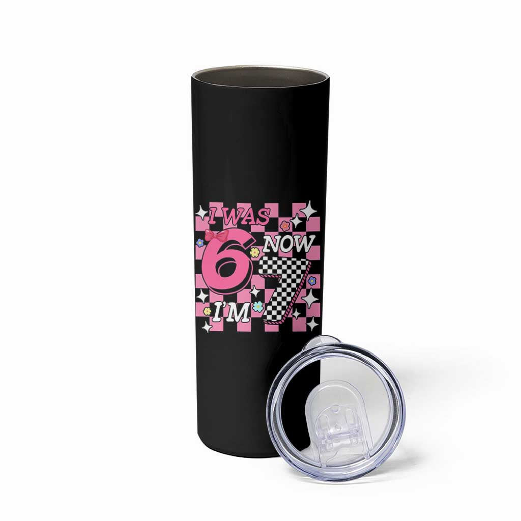 Pink Checkered I Was 6 Now I Am 7 Skinny Tumbler Girl Birthday Gift - Wonder Print Shop