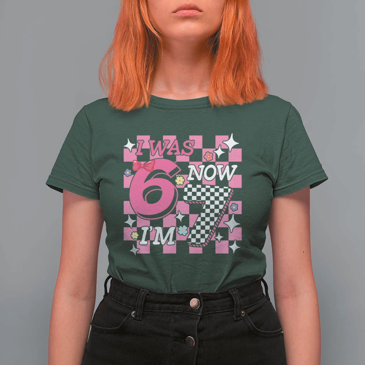 Pink Checkered I Was 6 Now I Am 7 T Shirt For Women Girl Birthday Gift - Wonder Print Shop