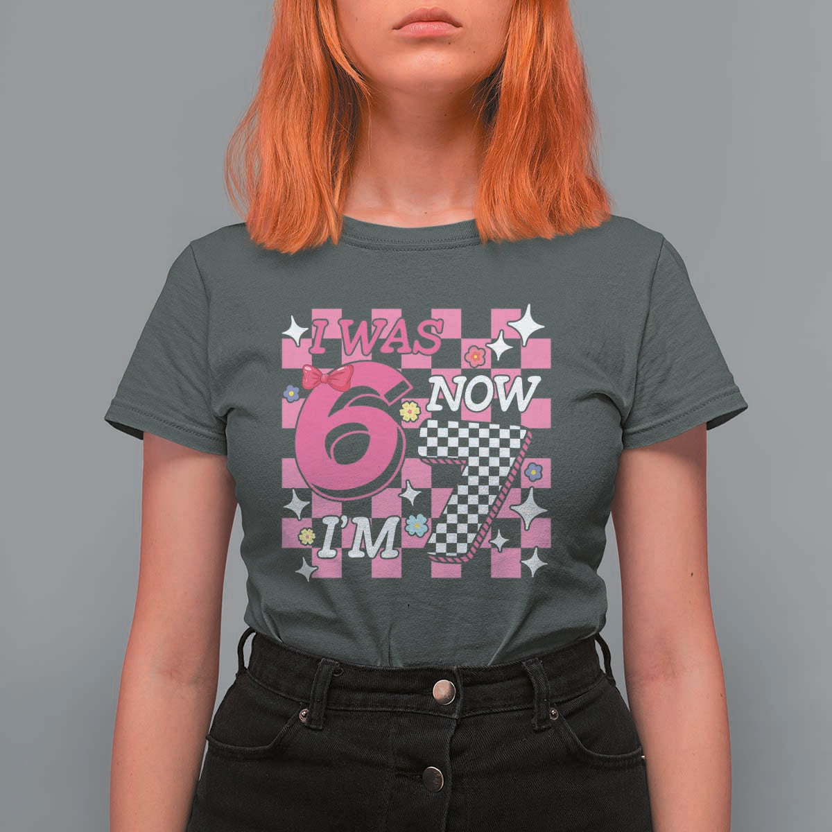 Pink Checkered I Was 6 Now I Am 7 T Shirt For Women Girl Birthday Gift - Wonder Print Shop