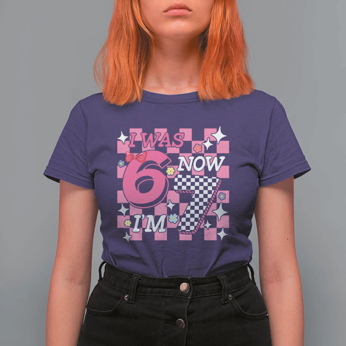 Pink Checkered I Was 6 Now I Am 7 T Shirt For Women Girl Birthday Gift - Wonder Print Shop