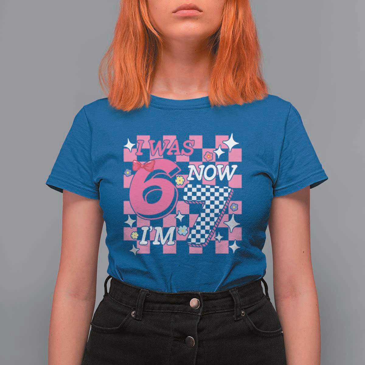 Pink Checkered I Was 6 Now I Am 7 T Shirt For Women Girl Birthday Gift - Wonder Print Shop