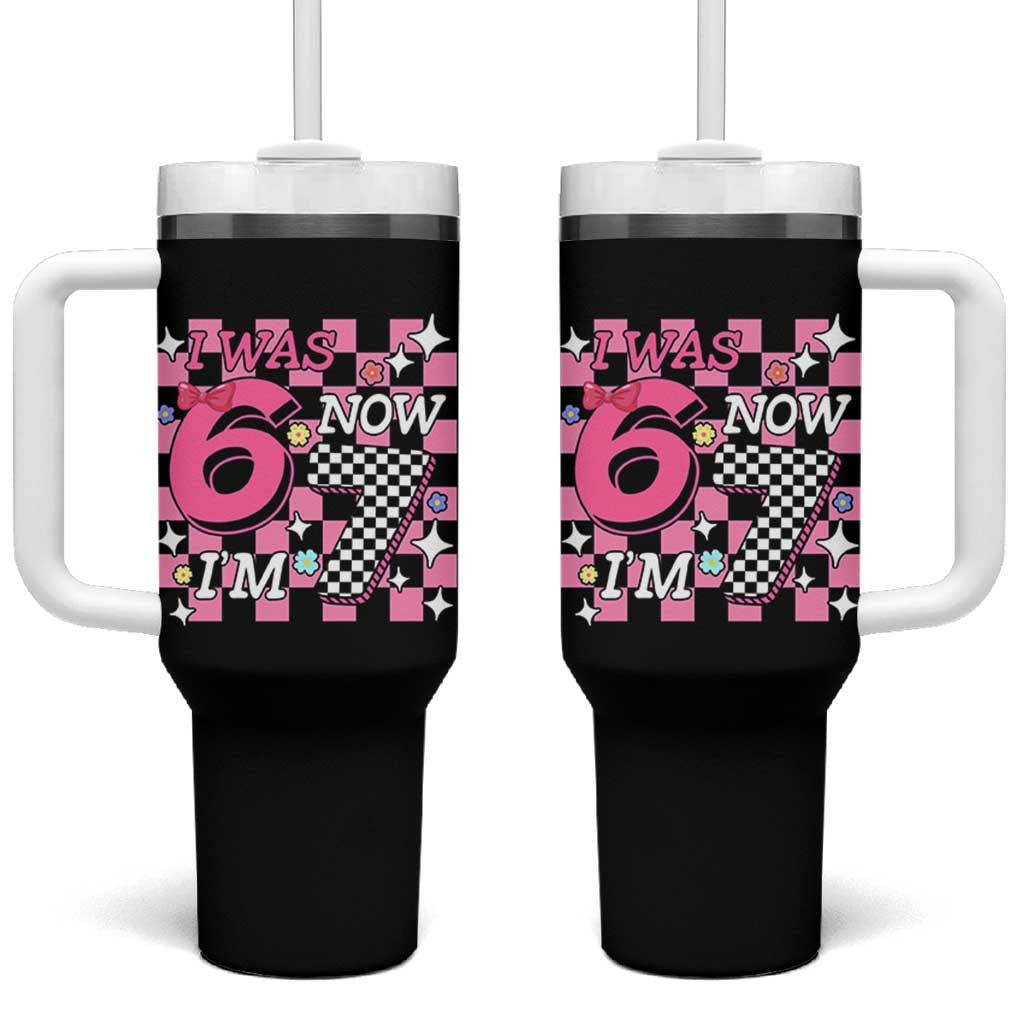 Pink Checkered I Was 6 Now I Am 7 Tumbler With Handle Girl Birthday Gift - Wonder Print Shop