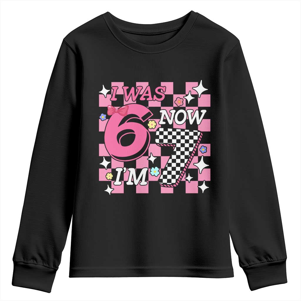 Pink Checkered I Was 6 Now I Am 7 Youth Sweatshirt Girl Birthday Gift - Wonder Print Shop