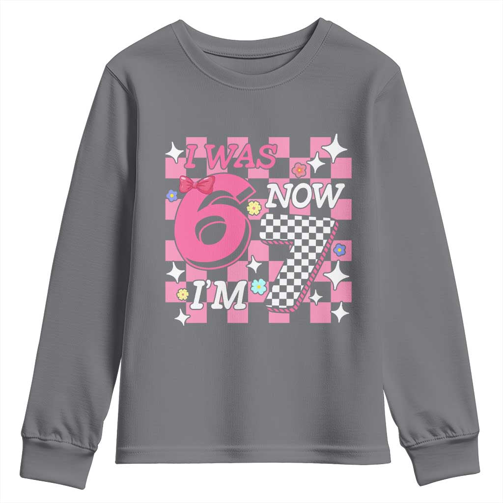 Pink Checkered I Was 6 Now I Am 7 Youth Sweatshirt Girl Birthday Gift - Wonder Print Shop