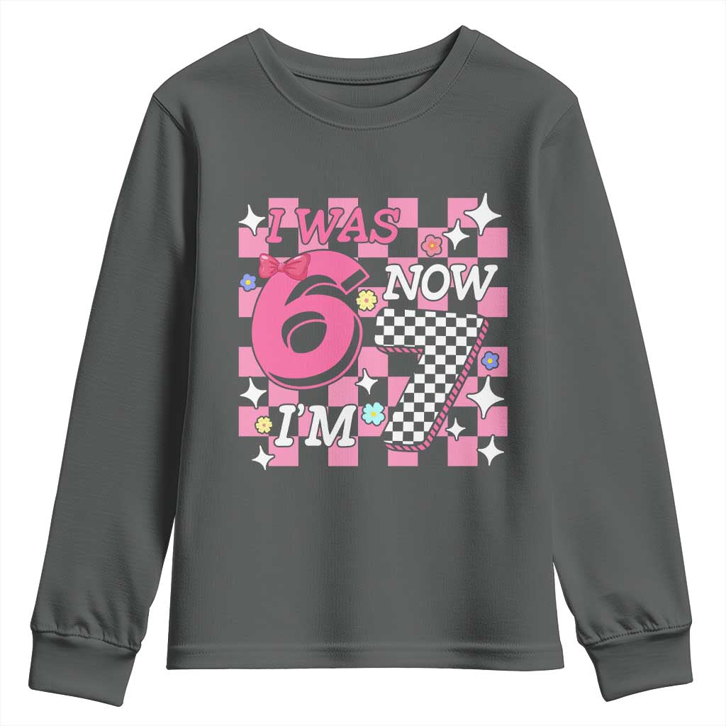 Pink Checkered I Was 6 Now I Am 7 Youth Sweatshirt Girl Birthday Gift - Wonder Print Shop