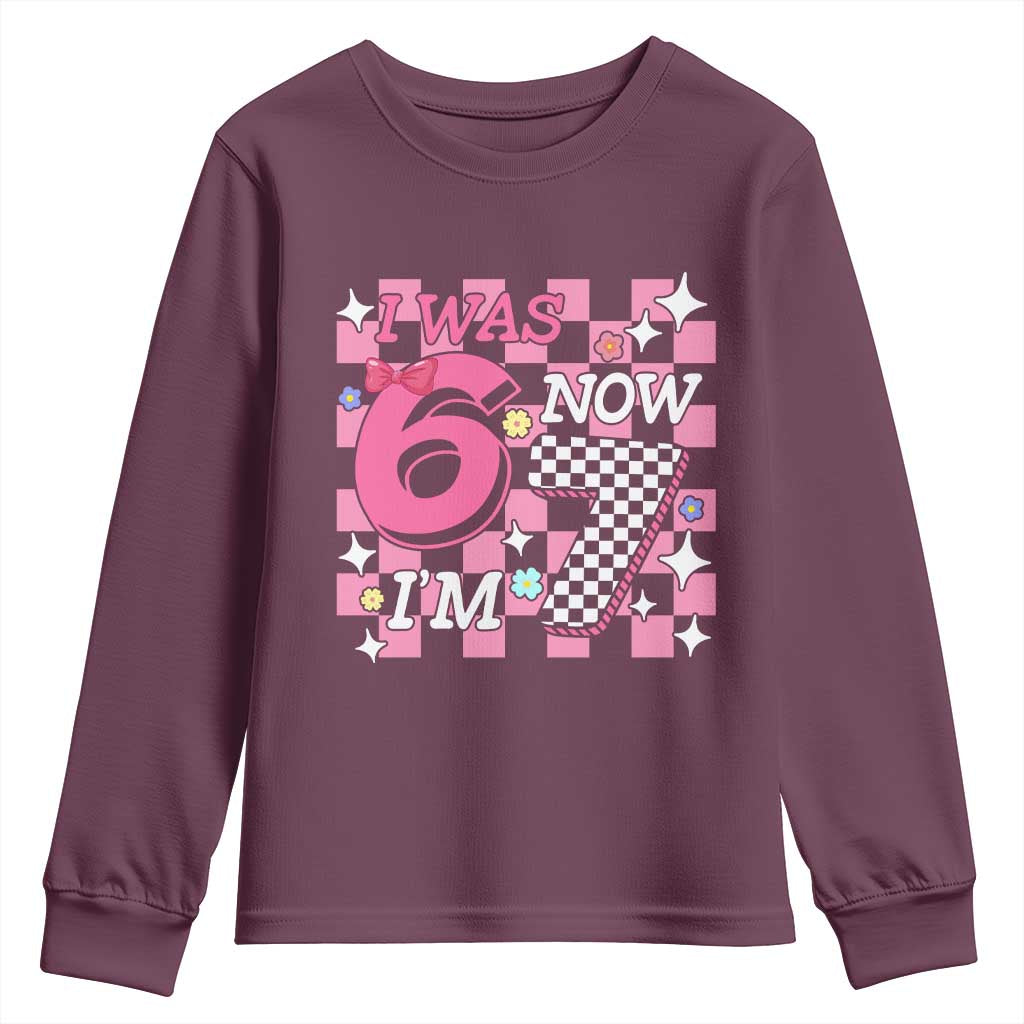 Pink Checkered I Was 6 Now I Am 7 Youth Sweatshirt Girl Birthday Gift - Wonder Print Shop