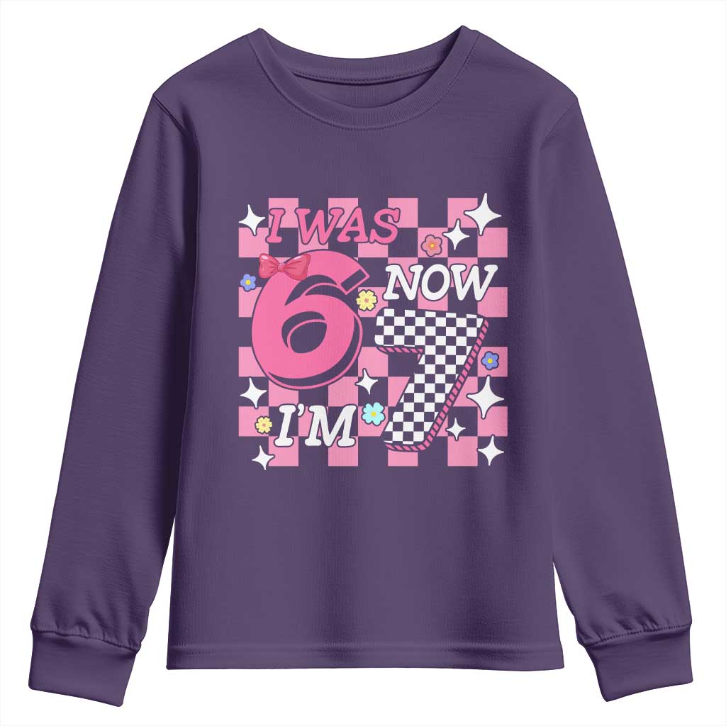 Pink Checkered I Was 6 Now I Am 7 Youth Sweatshirt Girl Birthday Gift - Wonder Print Shop