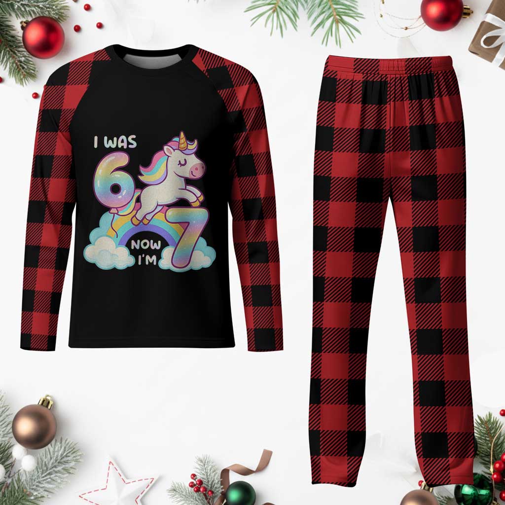 Funny Unicorn I Was 6 Now I Am 7 Plaid Pajama Set Girl Seventh Birthday Gift - Wonder Print Shop