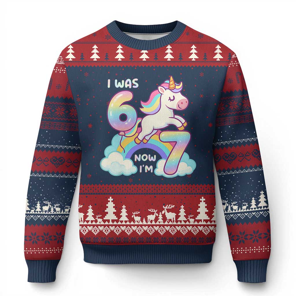 Funny Unicorn I Was 6 Now I Am 7 Ugly Christmas Sweater Girl Seventh Birthday Gift - Wonder Print Shop