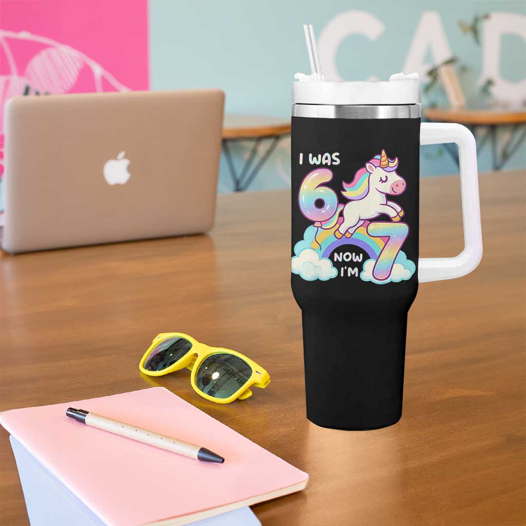 Funny Unicorn I Was 6 Now I Am 7 Tumbler With Handle Girl Seventh Birthday Gift - Wonder Print Shop