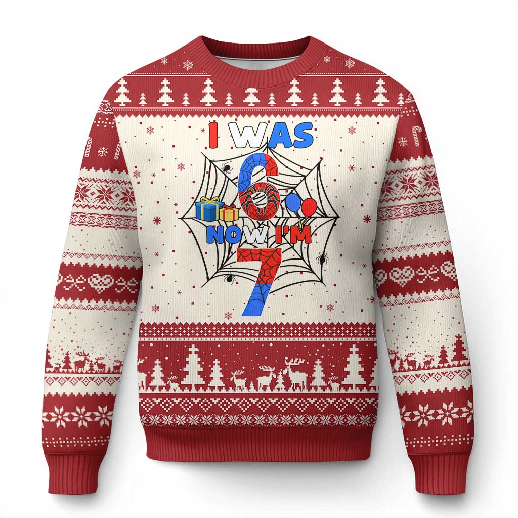 I Was 6 Now I Am 7 Ugly Christmas Sweater Spider Themed Birthday Boy - Wonder Print Shop