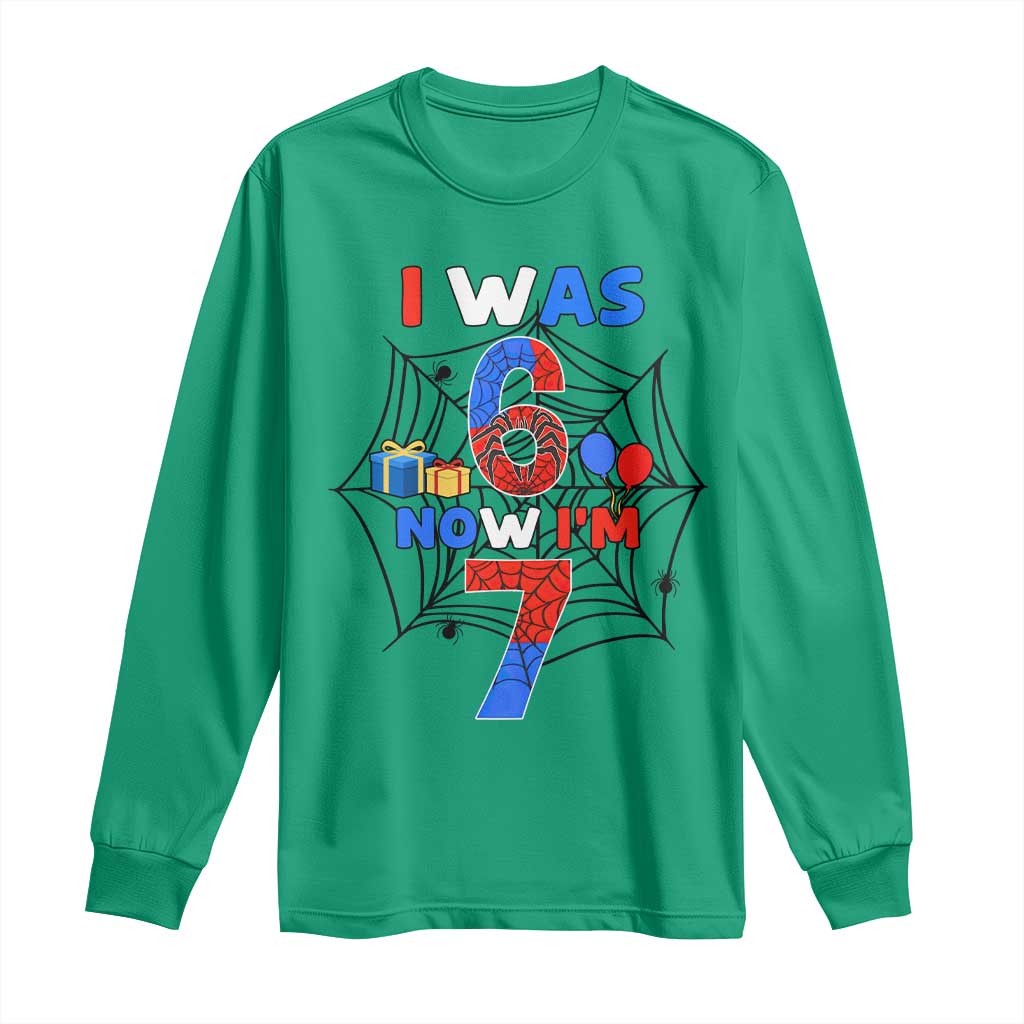 I Was 6 Now I Am 7 Long Sleeve Shirt Spider Themed Birthday Boy - Wonder Print Shop