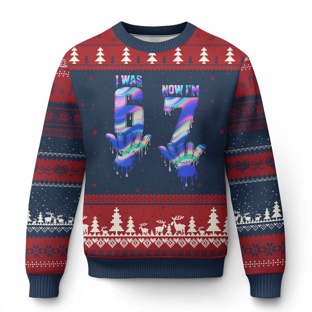 Funny I Was 6 Now I Am 7 Ugly Christmas Sweater Iridescent Effect Printed Kids Birthday - Wonder Print Shop