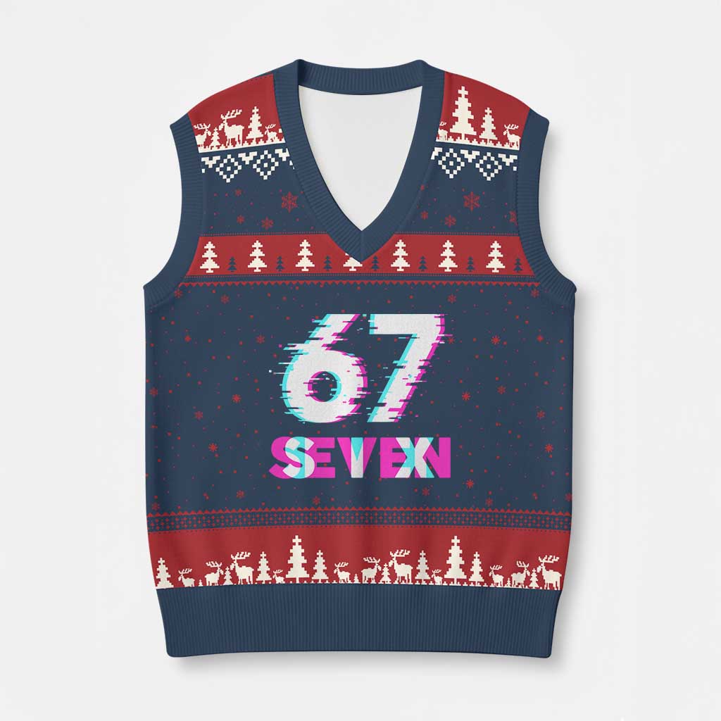 Glitch Optical Illusion Six Seven Meme V-Neck Knit Sweater Vest Gen Alpha Slang Gift - Wonder Print Shop